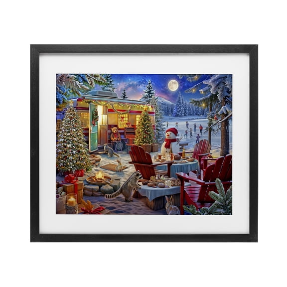 Winter Holiday Camper Party Black Framed Print Under Glass, design by Henriette Chinaglia
