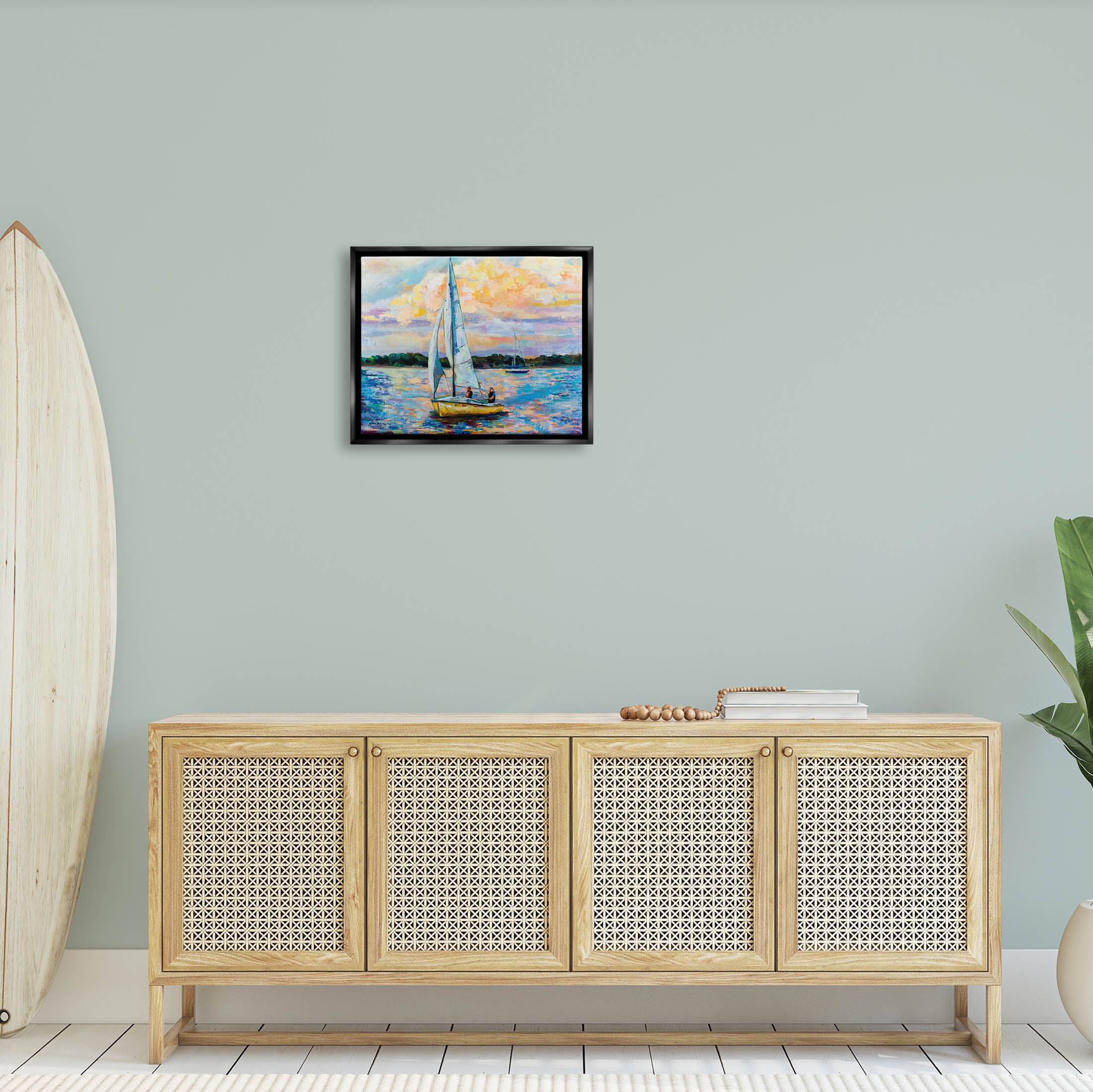 Stupell Industries Vivid Nautical Sailboat Landscape Painting Jet Black Floating Framed Canvas Print Wall Art, Design by Jeanette Vertentes