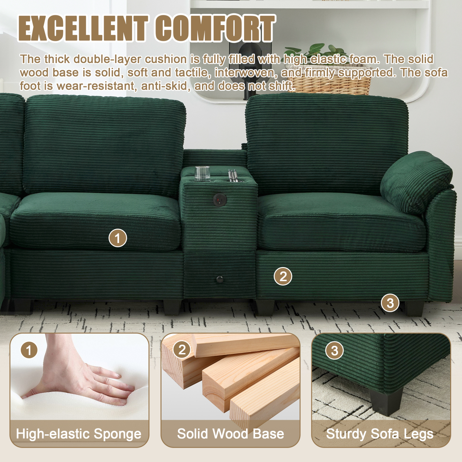 Leumius L-Shaped Sectional Sofa for Living Room,105" Modular 4-Seater Upholstered Sofa Couch with Cup Holder/USB Interface/Storage Box,Emerald