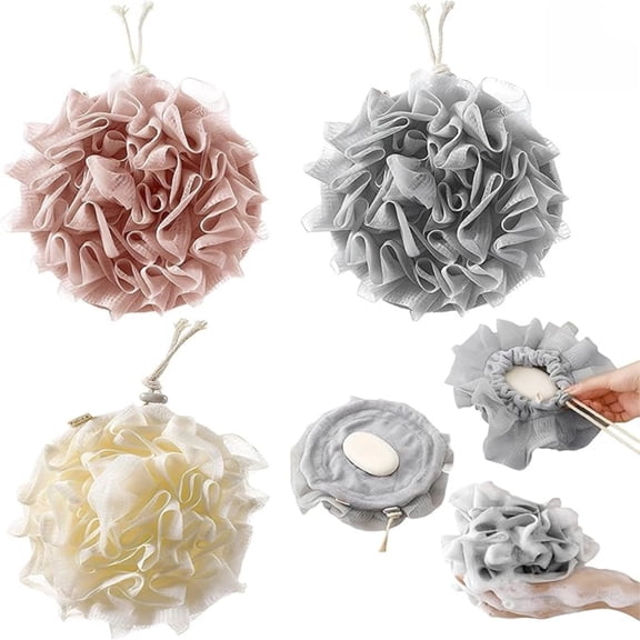 3 PCS Bar Soap Loofah Pouch New 2 in 1 Drawstring Loofah Soap Holder Exfoliation Mesh Shower Ball for Cleansing and Smooth Skin (Beige Gray Pink)