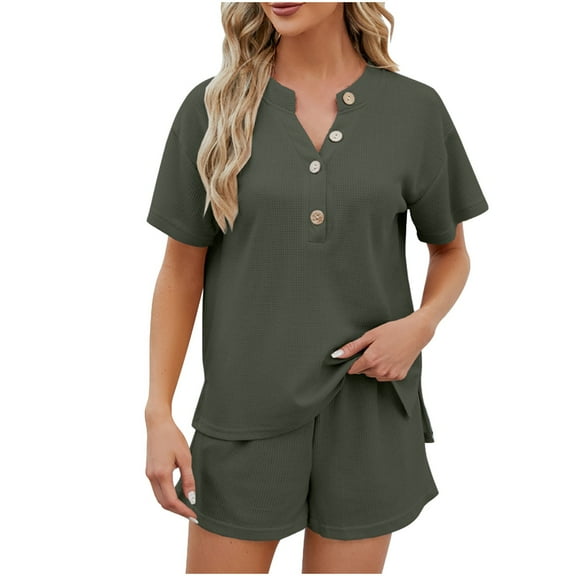 Womens Summer 2 Piece Sets Plus Size Fashion Solid Color V Neck Home Suit Solid Color Casual Loose Fitting Pajamas Twopiece Set Of Short Sleeved Shorts For Going Out Sets