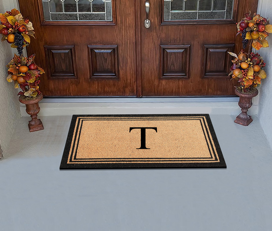 A1HC Black/Beige 24 in x 39 in Front Door Mat Coir PVC Classic Border Entryway Mat Heavy Duty Boot Scrapper Monogrammed Doormat