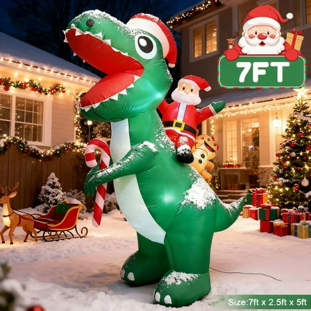 BeePrincess 7FT LED Santa Riding Dinosaur Christmas Inflatable - Outdoor Blow-Up Yard Decoration with Sandbags, Stakes & Strings for Garden, Lawn, Holiday Decor