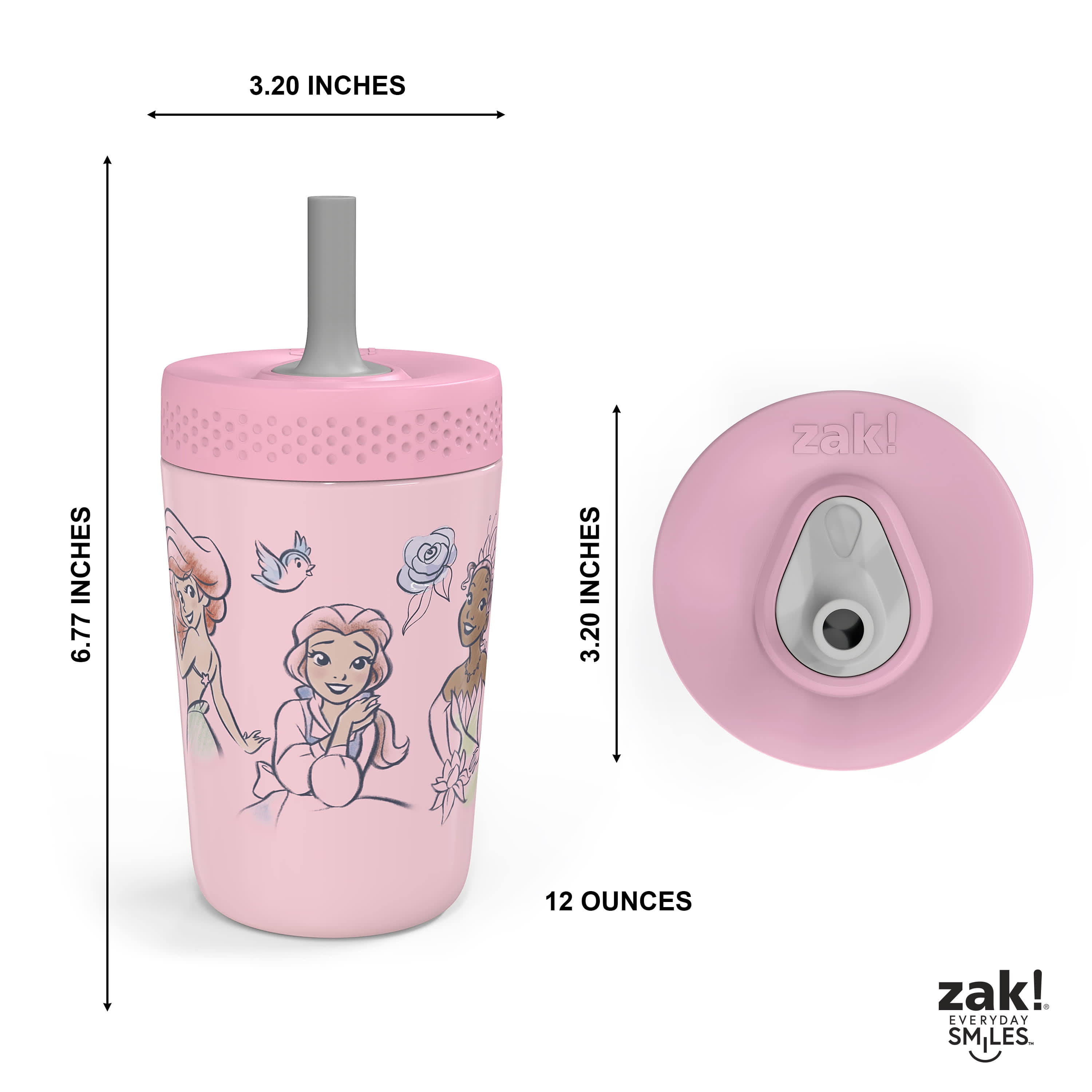 Zak Designs 12oz Kids Straw Tumbler, Stainless Steel Vacuum Insulated Kincaid Tumbler with Silicone Straw Utilizing Leak-Proof Valve, Travel Straw Tumbler, Disney Princess
