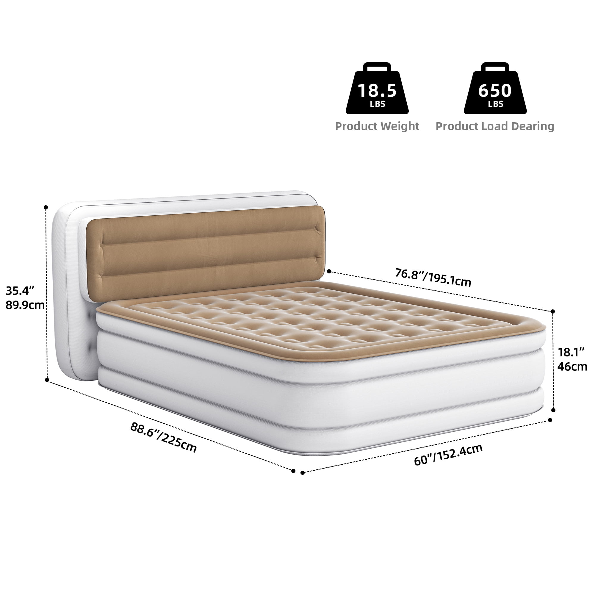 Uforic 18" Queen Air Mattress with Banded Headboard, Flocked Top Inflatable Air Bed with Pump, Portable Blow Up Mattress for Home Camping Guests, Brown