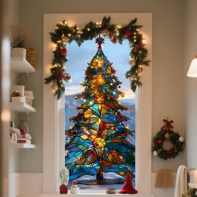 HCBY Christmas Tree Window Privacy Film, Holiday Blocking Static Window Cover, Colored Glass Xmas Tree Pattern(B,71"x35.4")