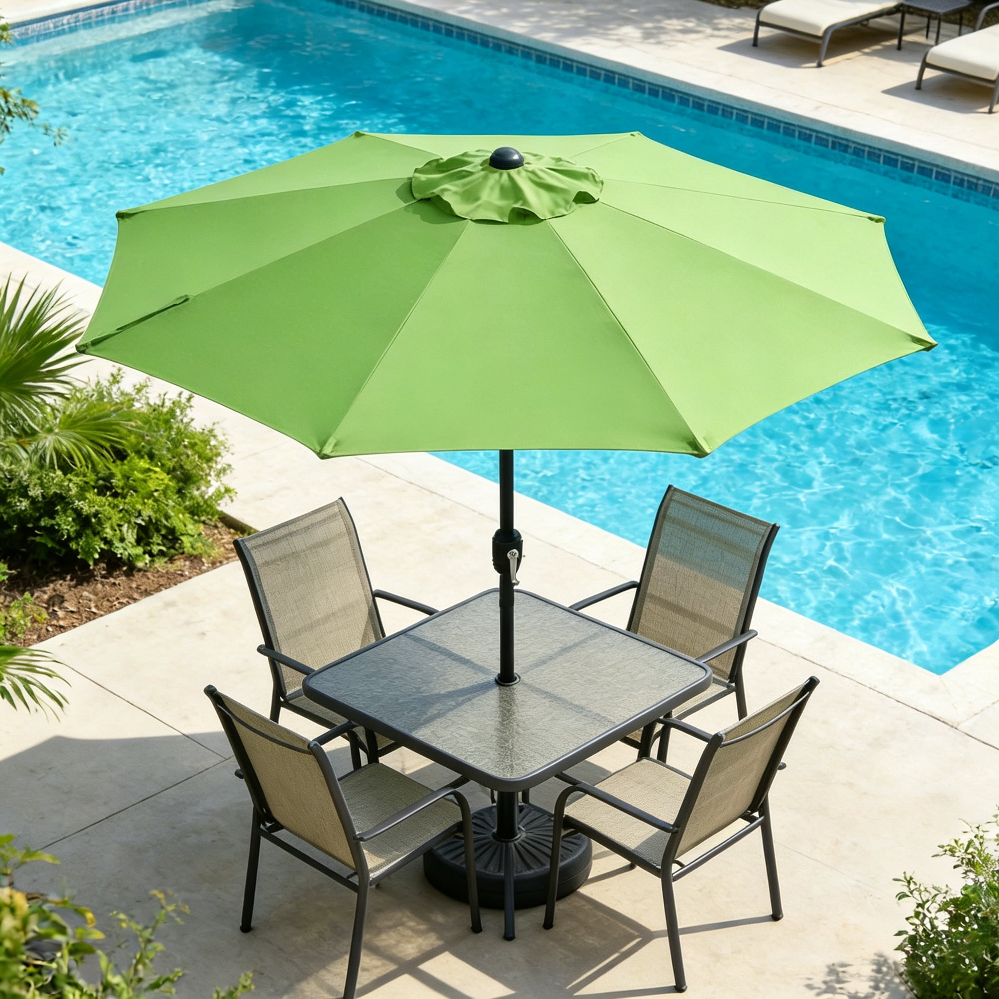 Kool 9 ft Outdoor Patio Market Umbrella with Push Button Tilt and Crank Handle, 8 Steel Ribs, Green