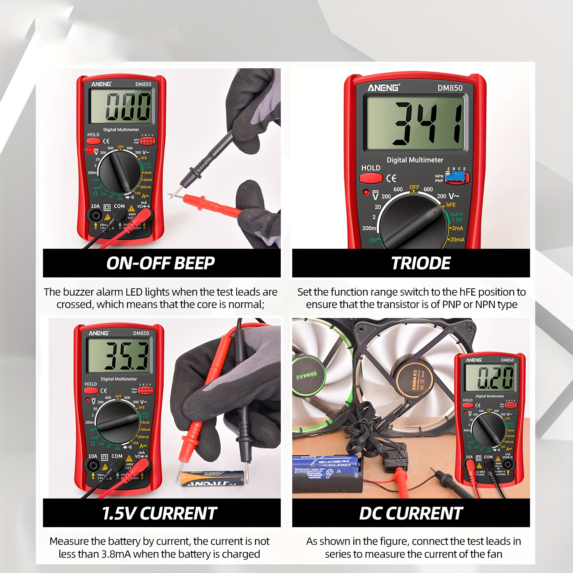 TKDMR Digital Multimeter Tester 1999 Counts with DC AC Voltmeter and Ohm Volt Amp Meter; Measures Voltage, Current, Resistance, Continuity and Diode, black、red