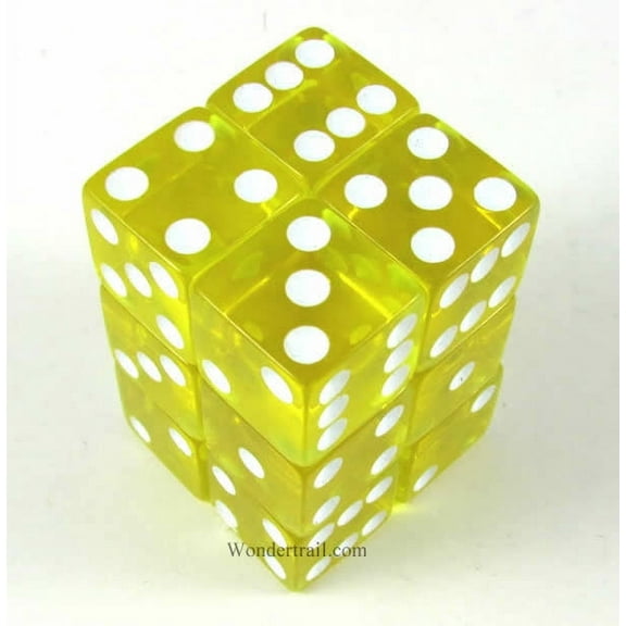 Yellow Transparent Dice with White Pips D6 16mm (5/8in) Pack of 12 Koplow Games