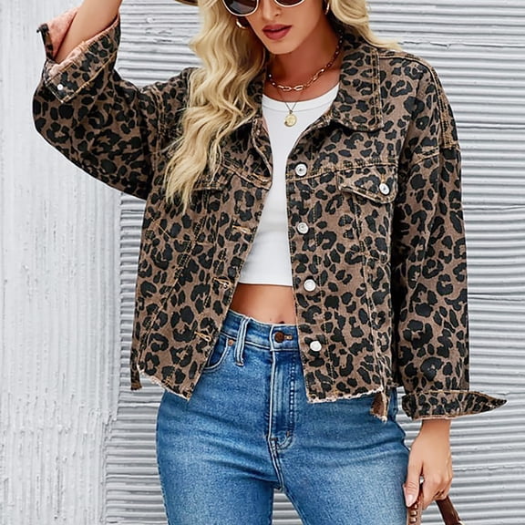 Women Leopard Print Denim Jacket Retro Style Long Sleeve Casual Short Outerwear Coat for Fall Winter Streetwear