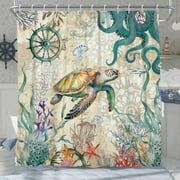Sea Turtle Octopus Shower Curtain Ocean Coastal Theme Bathroom Curtain Decor with Hooks,72x72in