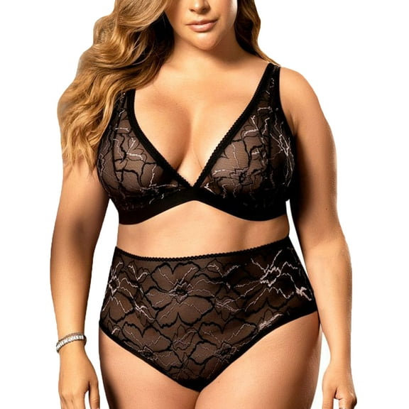 Mapale 2pc Set PLUS: Triangle Bralette, High Waist Panty (8648X),1X/2X,Black