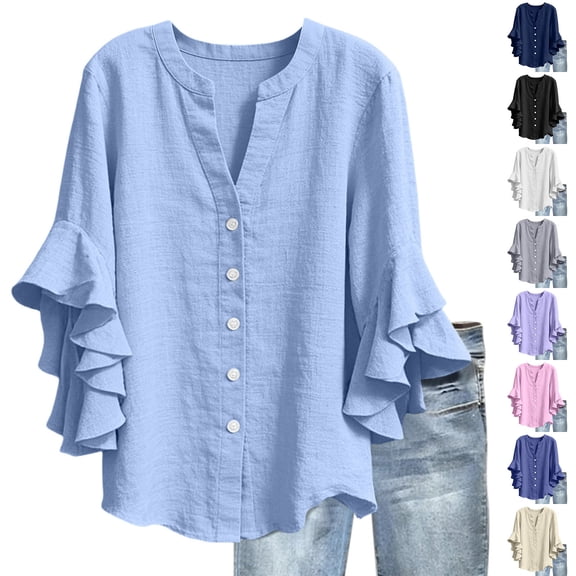 Feancey Cotton Linen Button Down Shirts for Women Dressy Casual Ruffle 3/4 Sleeve Blouse Summer Loose V Neck Gauze Shirt Elegant Work Tops Yellow L