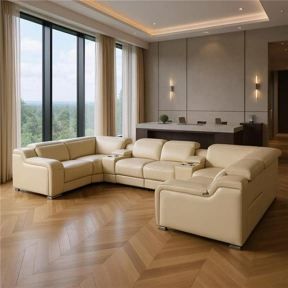 HomeRoots 632568 Beige Italian Leather Power Reclining U Shaped Corner Sectional with Console - 39 x 161 x 85 in. - 8 Piece