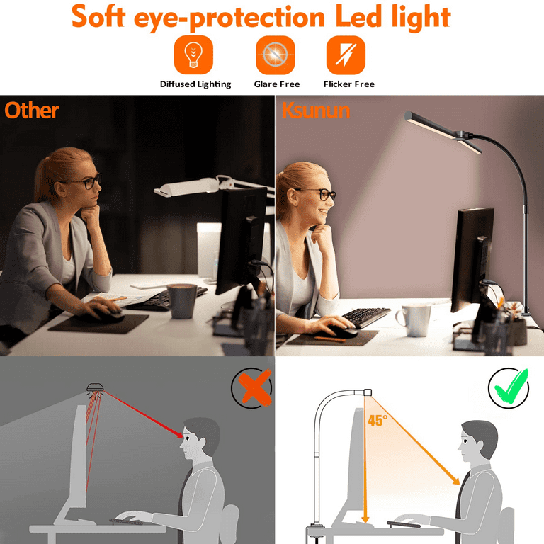 Zrfmib LED Desk Lamp, 24W Double Head Desk Lamp with Clamp, Modern Eye  Caring Architect lamp with 5 Color Modes and 5 Dimmable, for Workbench
