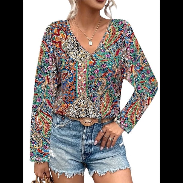 Blusas Casuales de Larga con Cuello en V y Estampado Bohemio para Mujer 2-Colores Mezclados M
