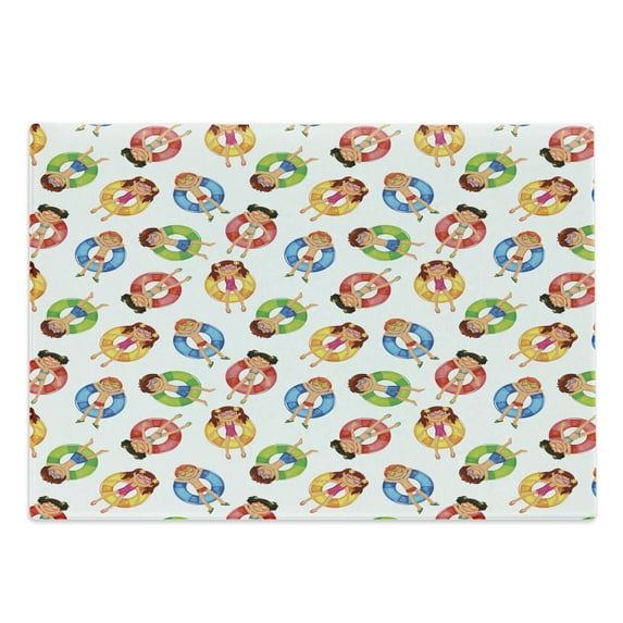 Summer Cutting Board, in the Pool on Life Swimming Summer Season Themed Cartoon Characters, Decorative Tempered Glass Cutting and Serving Board, Large Size, Multicolor, by Ambesonne