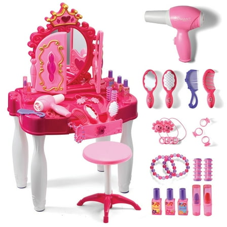 Pretend Play Vanity Set with Mirror and Stool 20 PCS - Kids Makeup Vanity Table Set with Lights and Sounds - Kids Beauty Salon Set Includes Fashion Hair  Makeup Accessories  Blow-dryer - Play22USA