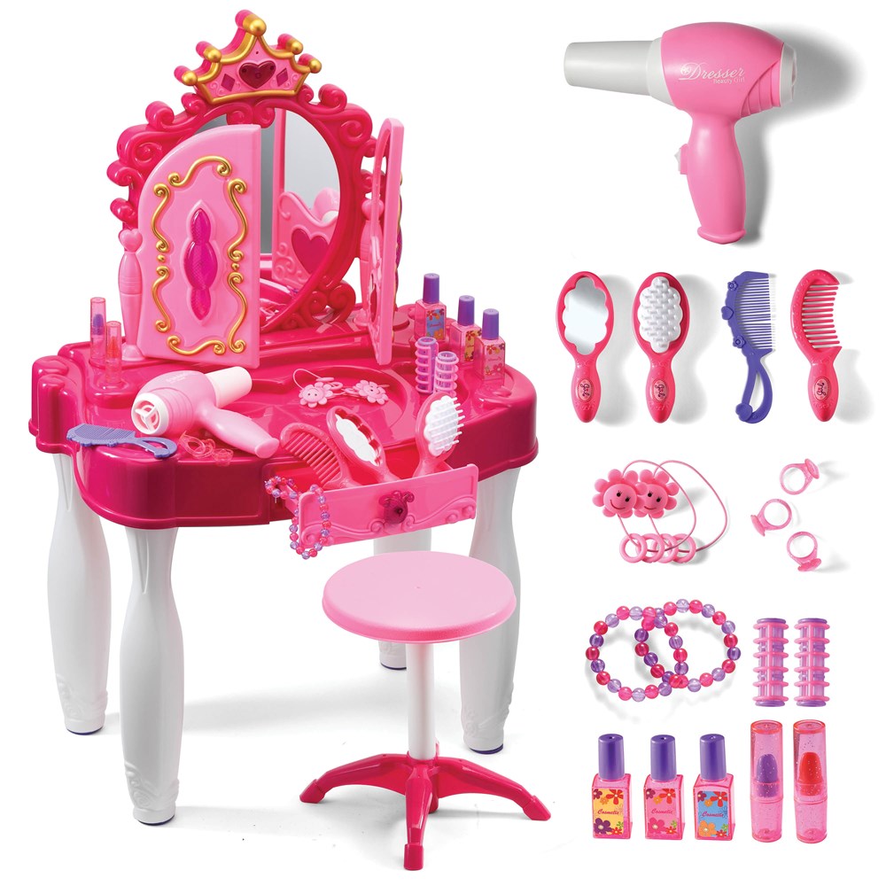 Play22USA Pretend Play Girls Vanity Set with Mirror and Stool 20 PCS 