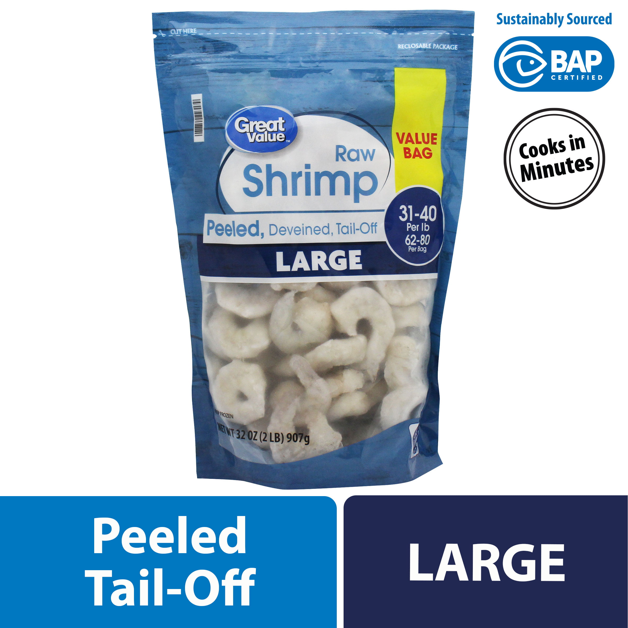 Great Value Frozen Raw Large Peeled & Deveined, Tail-Off Shrimp, 2 lb (31-40 count per lb)