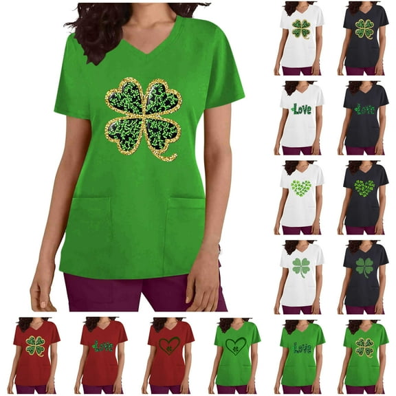BiZtdJrK Today's Sales of The Day St. Patrick's Day Womens Scrubs Tops Workwear Summer Casual V Neck Short Sleeve T Shirts Nursing Uniform Scrubs Shirts with Pockets Black M