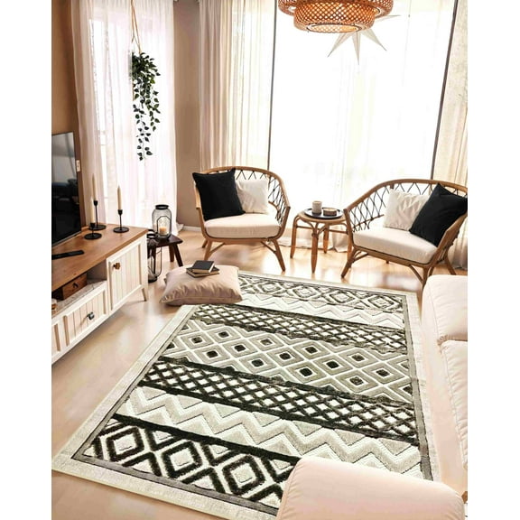 Tribal Abstract Modern Rug Contemporary Color Vibrant Carpet For Living Room Bedroom Design 5517 (8x11 (7'8"x10'8"),Grey)