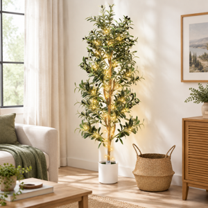 6ft Green Artificial Olive Tree Indoor Decor with Planter and Lights