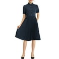 thumbnail image 2 of MODA NOVA Juniors Half Placket Shirt Dress Short Sleeve Ruffle Stand Neck Pleated Midi Dresses with Belt, 2 of 6
