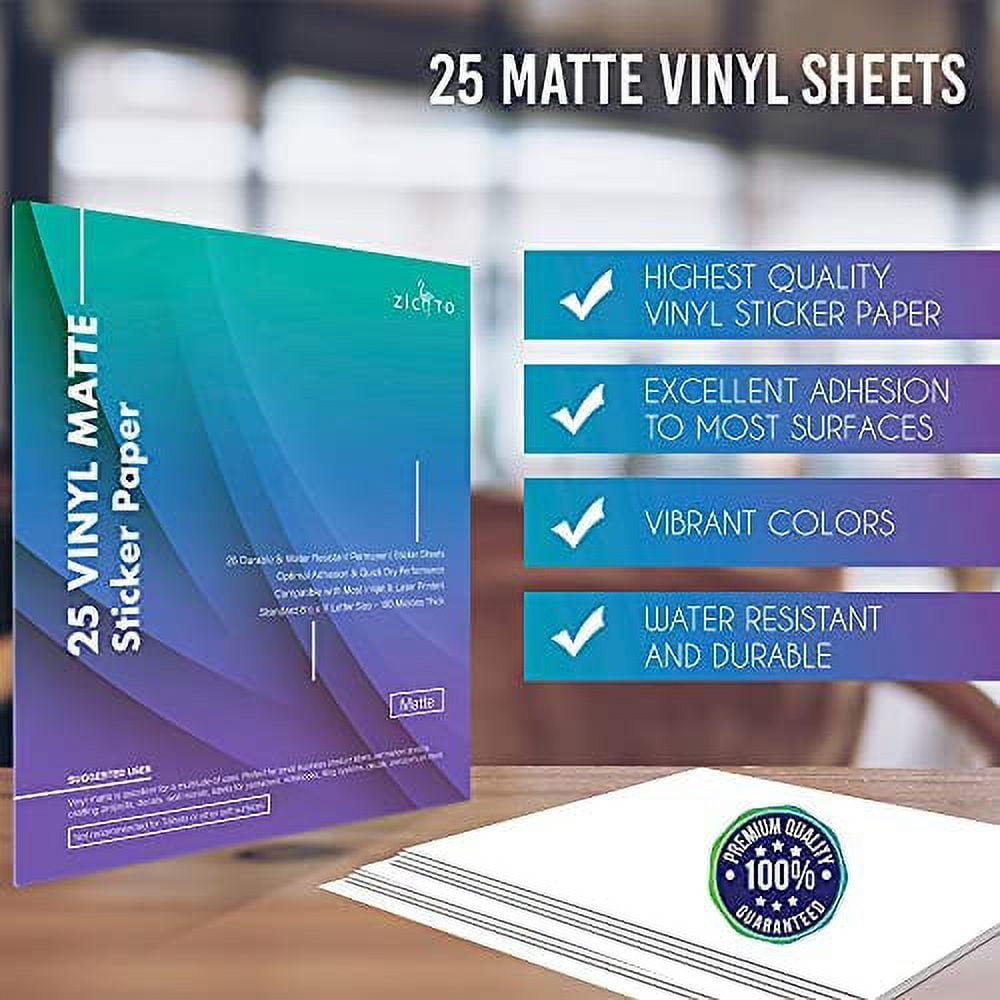 JOYEZA Premium Printable Vinyl Sticker Paper for Inkjet Printer - 25 Sheets Matte White Waterproof, Dries Quickly Vivid Colors, Holds Ink Well- Tear