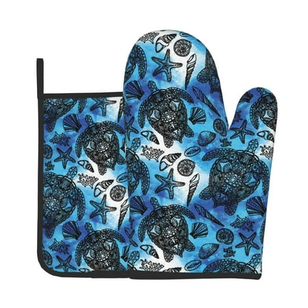 

Tebeau Turtle，Shell Algae Starfish Coral Print Oven Mitts and Pan Racks 2-Piece Set Kitchen Oven Mitts and Pan Racks Heat Resistant 500 °F for Baking and Cooking