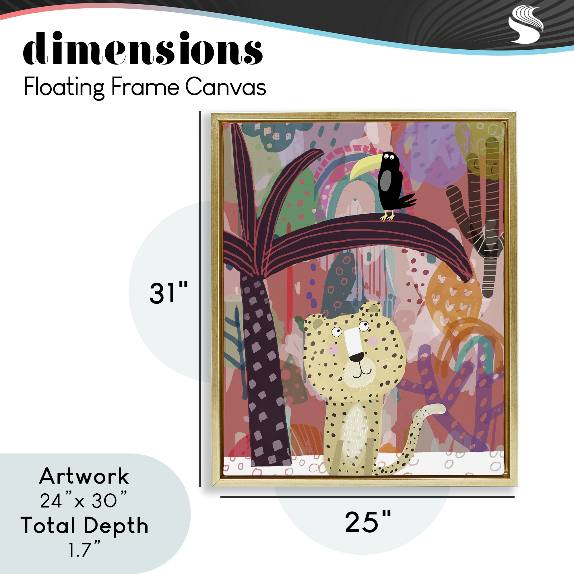 Whimsical Cheetah & Toucan Gold Framed Floater Canvas Wall Art, design by Carla Daly