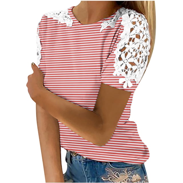 Camisas de Manga Corta para las Mujeres Impresión Cuello Redondo Suéter Encaje Camisa, Blusa de Verano Casual para las Mujeres