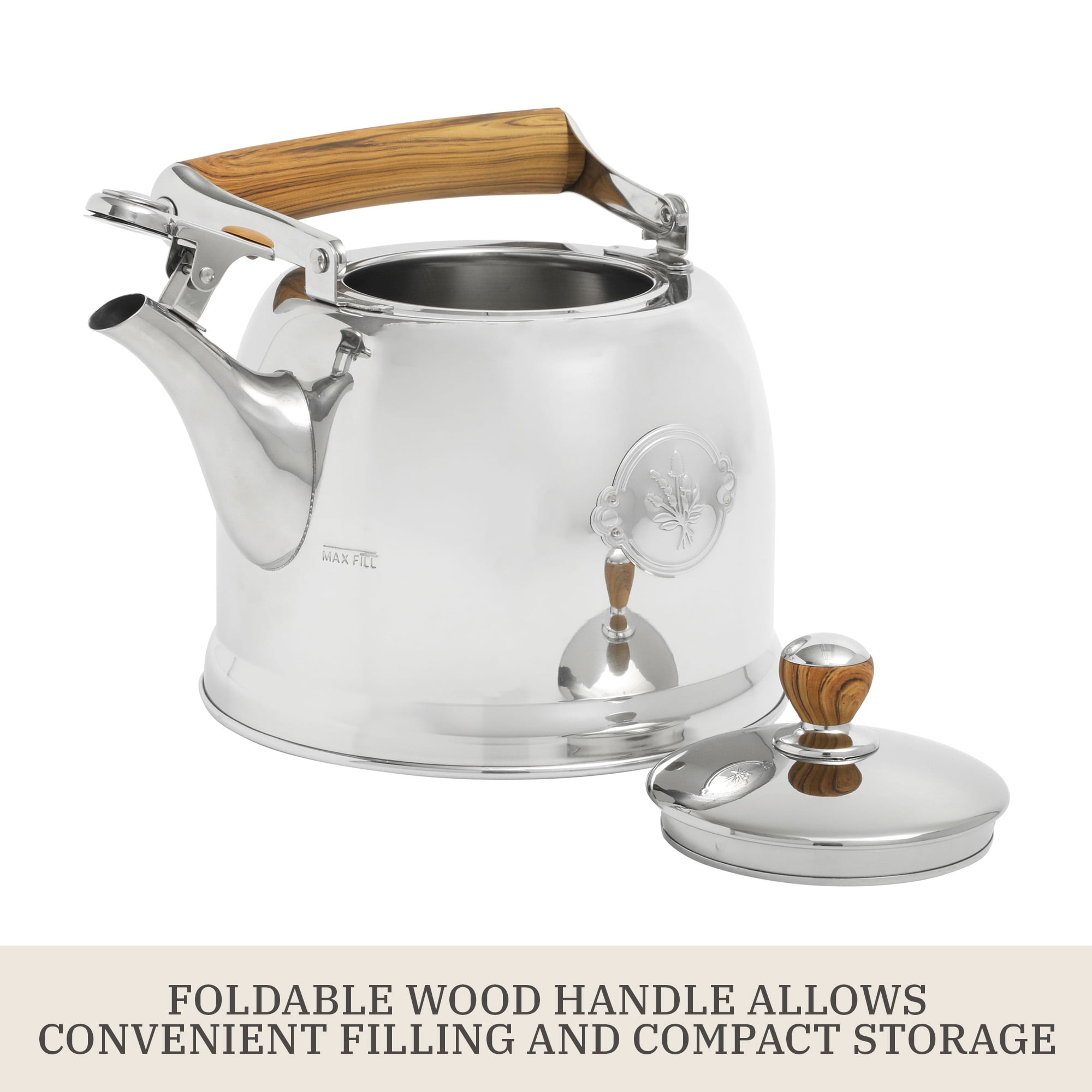 The Pioneer Woman 1.8-Quart Stainless Steel Whistling Tea Kettle with Folding Handle, Silver
