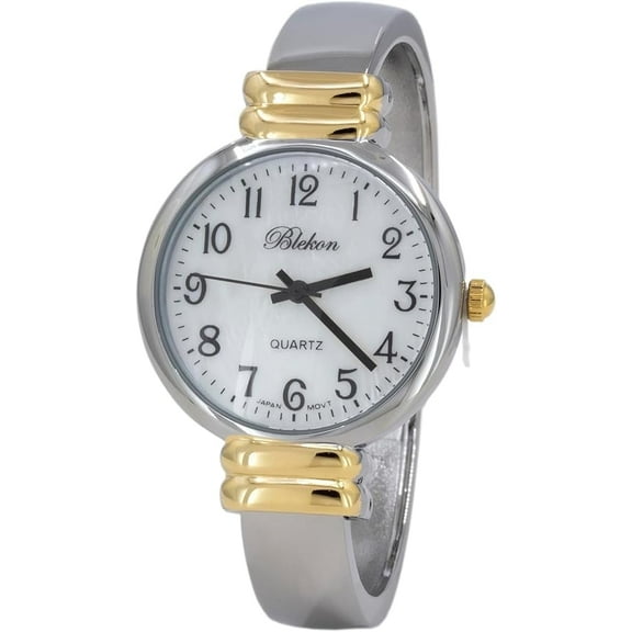 Blekon Original Mother of Pearl Cuff Bracelet Watch for Women with 31mm case Japanese Quartz Movement Metal hinged Bangle Style Cuff Wrist Watch for Ladies