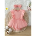 thumbnail image 2 of Elippeo Baby Girl Summer 2Pcs Outfit 3 6 12 18 Months Solid Ribbed Ruffled Sleeveless Bow Romper Dress with Headband, 2 of 9