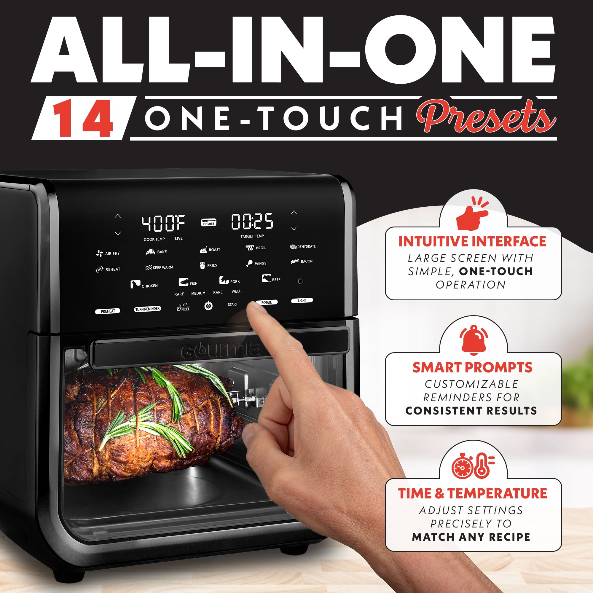 Gourmia All-in-One 14-Quart Air Fryer, Oven, Rotisserie, Dehydrator with Temperature Probe, Black