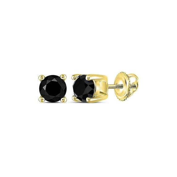 FB Jewels 14kt Yellow Gold Unisex Round Black Color Enhanced Diamond Solitaire Stud Earrings 1.00 Cttw