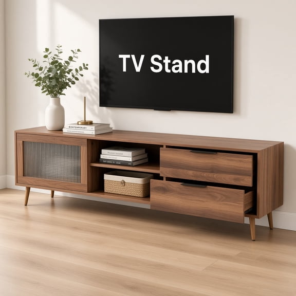 Modern TV Stand for 75" TV, TV Console with 2 Glass Doors, Entertainment Center with 2 Drawers & Storage Cabinet, 70" Media Console Table for Living Room, Bedroom, Walnut