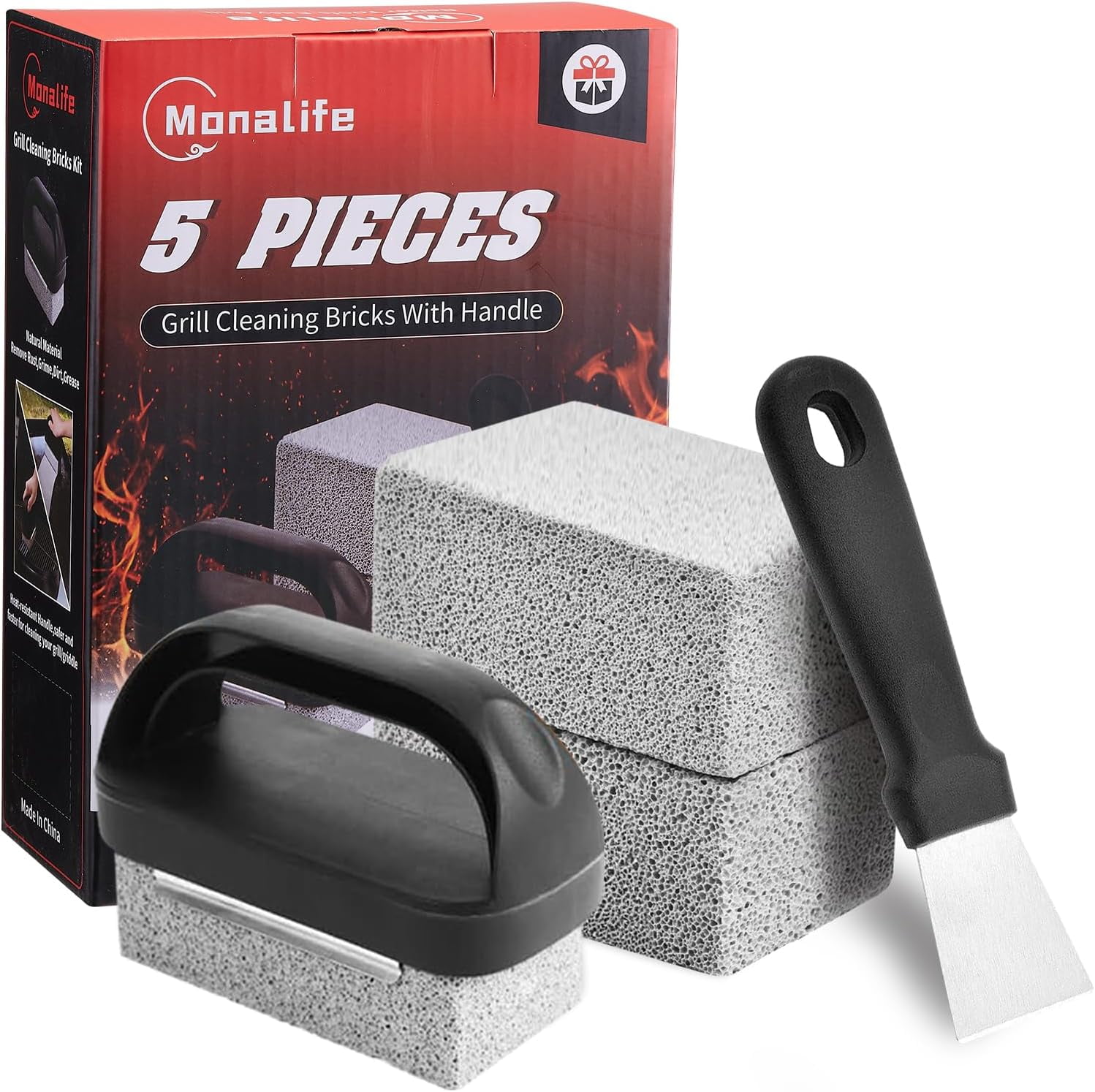 Grill Cleaner with Handle,Grill Cleaning Kit Tool for Blackstone Accessories,Grill Stone Cleaning Bricks Brush,Griddle Scraper,Pumice Flat Top Griddle Cleaning Stone for Removing Stains
