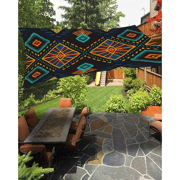 Sun Shade Sail 12x16Ft Boho Mosaic Ethnic Geometric Pattern Dark Colors Uv Block Sunshade Canopy Outdoor Shade Cover Rectangle Shade Cloth For Patio Garden Yard Deck Pergola