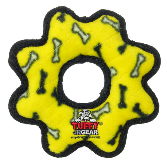 Tuffy Jr Gear Ring Yellow Bone Durable Plush Squeaky Dog Toy
