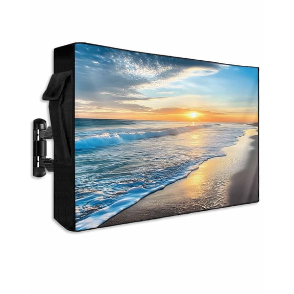 Outdoor TV Cover 30 to 32 Inch Weatherproof, Ocean Beach Sunset Waterproof TV Screen Protector for Outside Decor with Zipper and Pocket 30"L x 19"H  , Blue Coastal Seascape