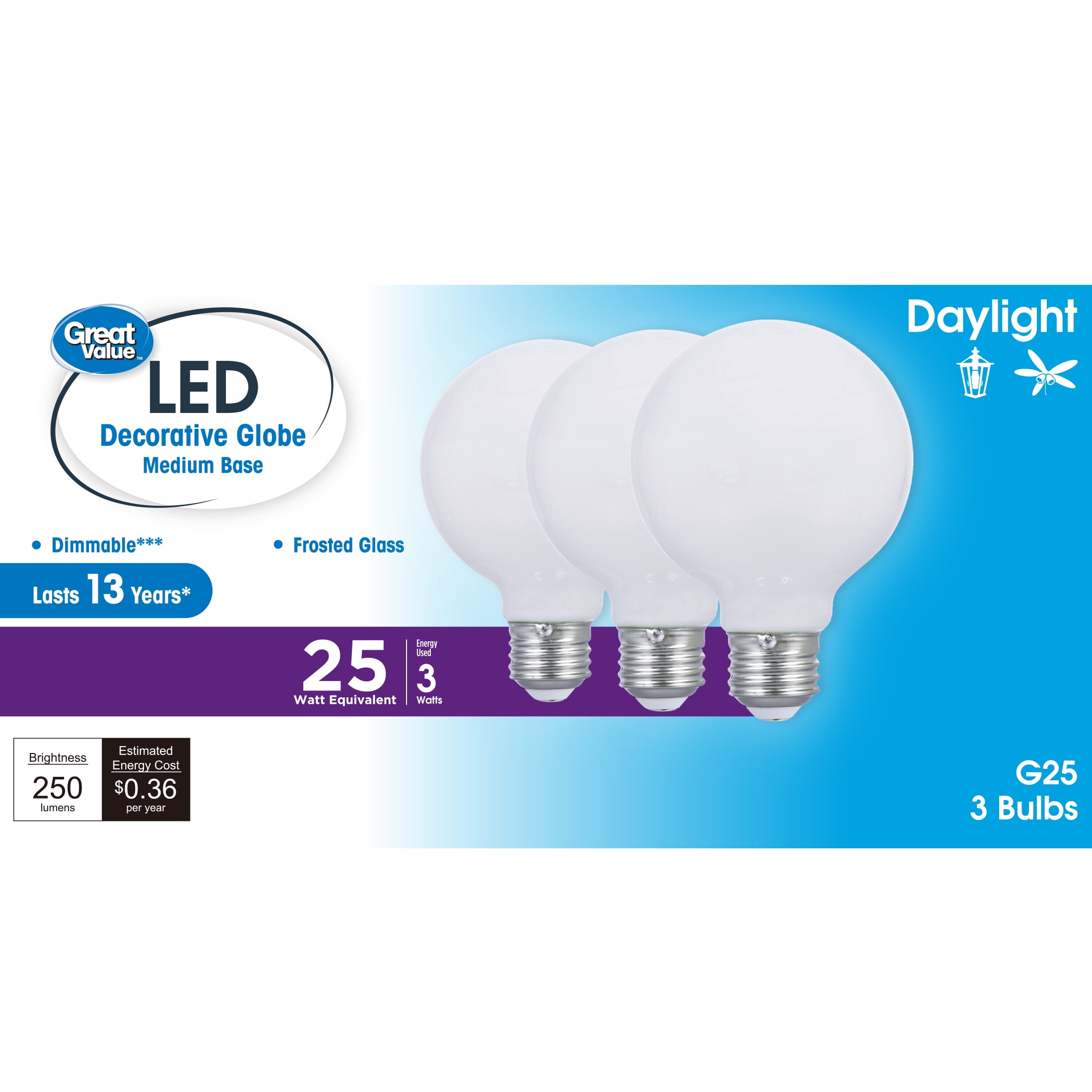 (2 pack) Great Value G25 LED Light Bulb, 3-Watt (25W Equivalent) Daylight White Dimmable E26 Base, 3-Pack (Title 20)