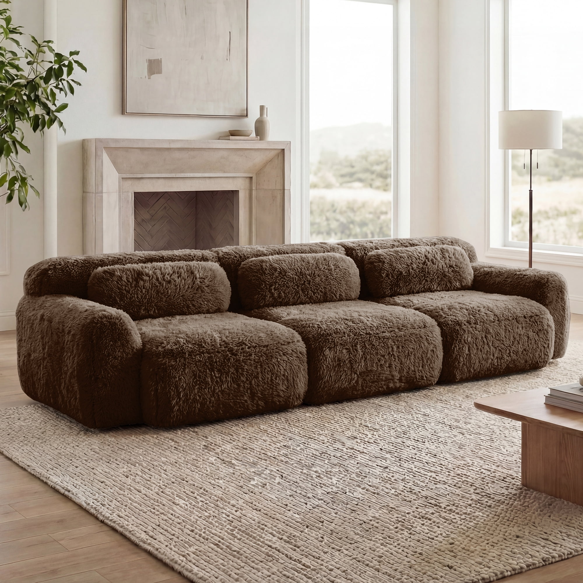 Anpport 114'' 3-Seater Modular Sectional Sofa Couches, Soft Fluffy Plush Fabric with Throw Pillows, Buckle Connection, for Study, Apartment & Bedroom, Chocolate