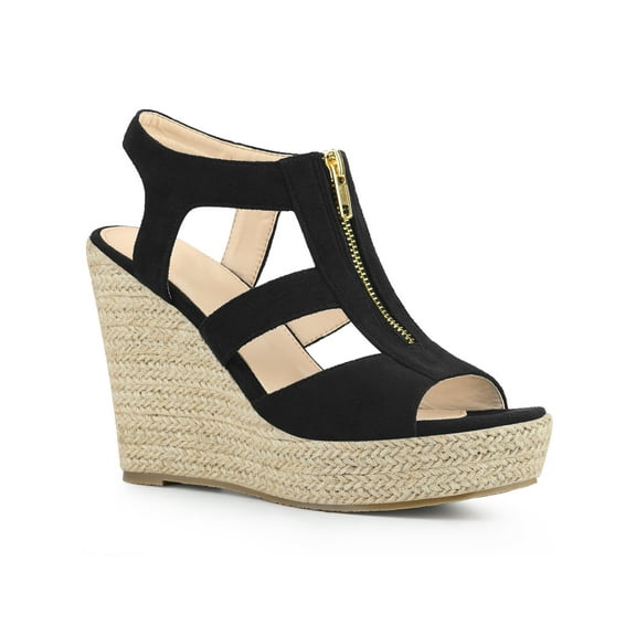 BLISSFUL STEP Women's Shoes Faux Suede Platform Wedge Espadrilles Slingback Open Toe Front Zipper Sandals Black 6