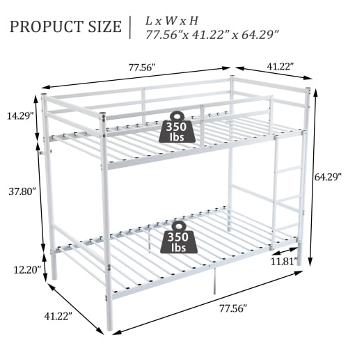 Metal Bunk Bed,14.29-Inch High Safety Rails, 19 Crossbars per Bunk, Under-Bed Storage, for Kids, Teens & Adults, White