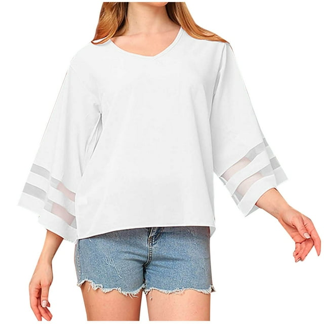 Womens Tops Mesh Panel Blouse V Neck Loose Long Sleeve Flowy Lightweight Casual Tunic Tops