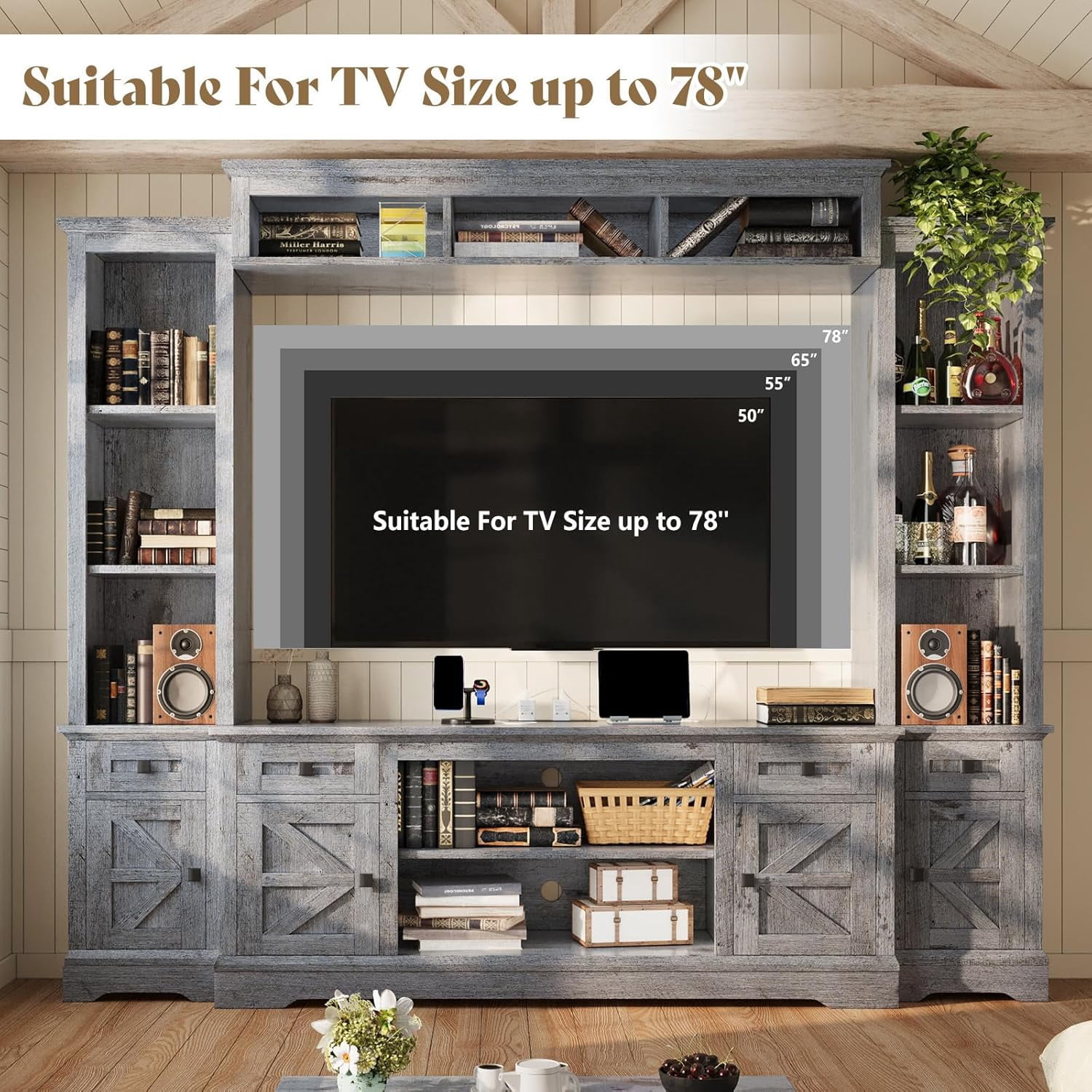 VANACC 98" Farmhouse TV Stand, Rustic Entertainment Center with Barn Door & Charging Station, Grey