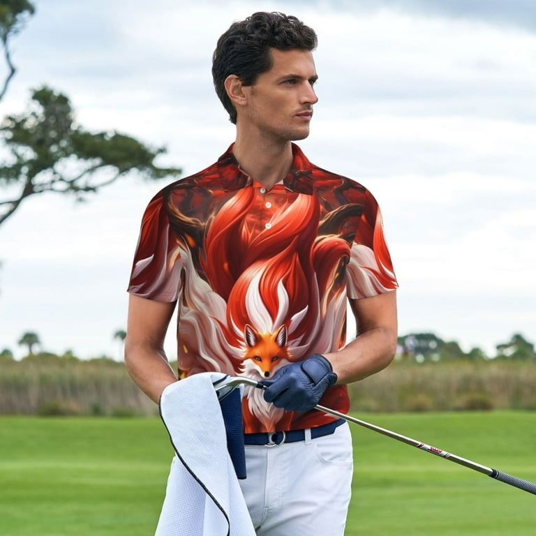 Jgfou Red Leaf Flame Fox Print Golf Shirts for Men Dry Fit Performance Short Sleeve Shirt Polo Shirt Walmart