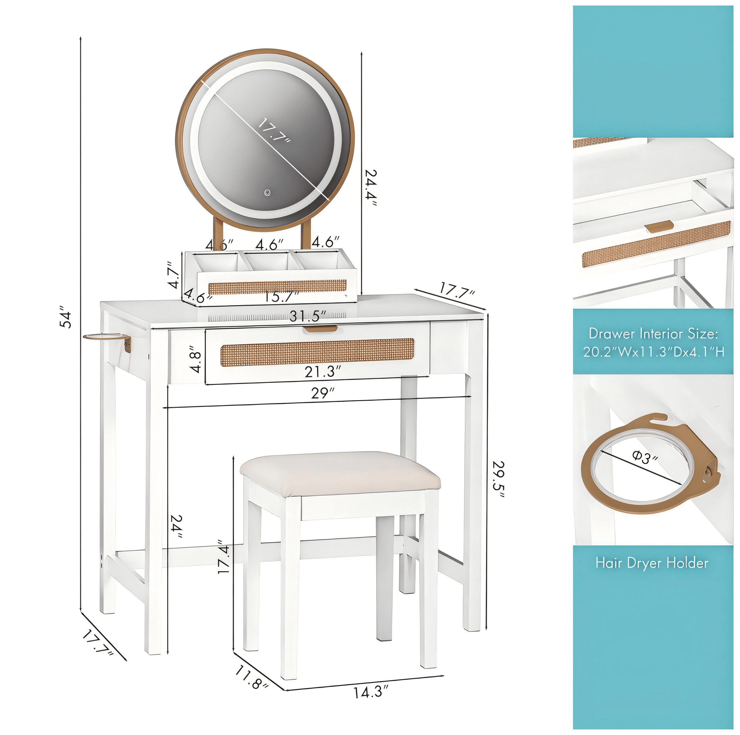 STAROUS Rattan Makeup Vanity Desk with Mirror and Lights, White Vanity Table with Drawers, Small Dressing Table with 3 Lighting Modes for Bedroom